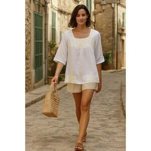 Naracamicie Embroidered White Yellow Italian Linen Coastal Tunic Blouse Size L